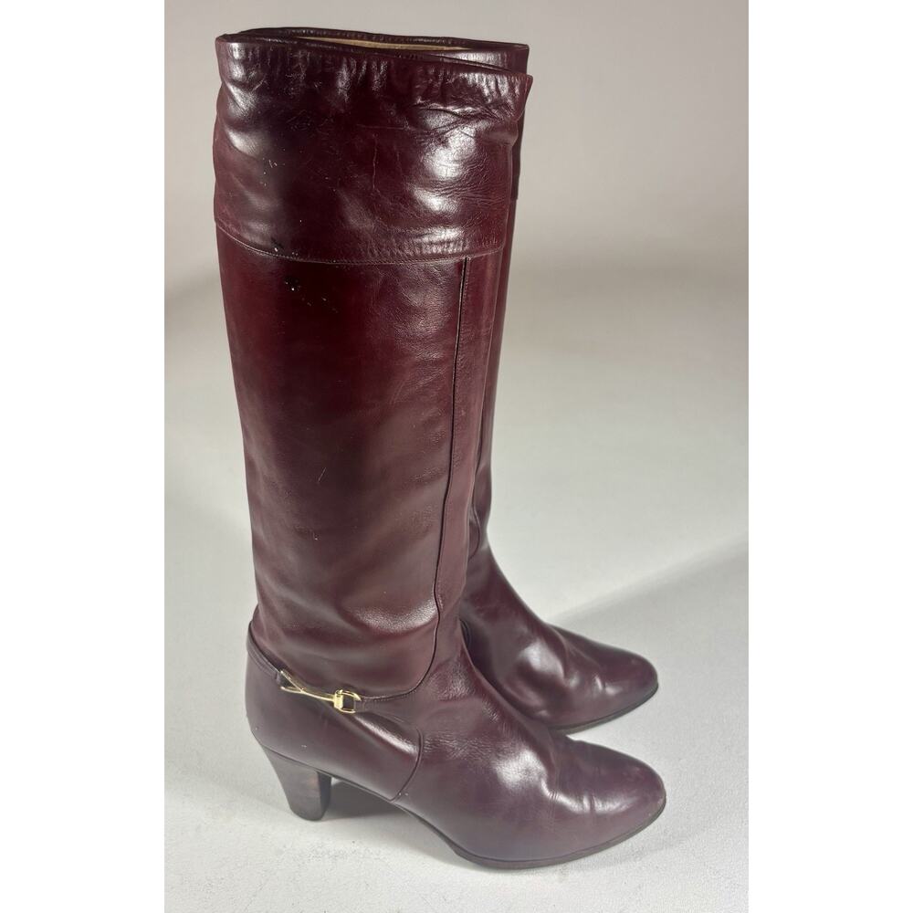 Cole Haan VTG Italy Tall Knee High Boots Women 6.5B Burgundy Leather Heel Riding